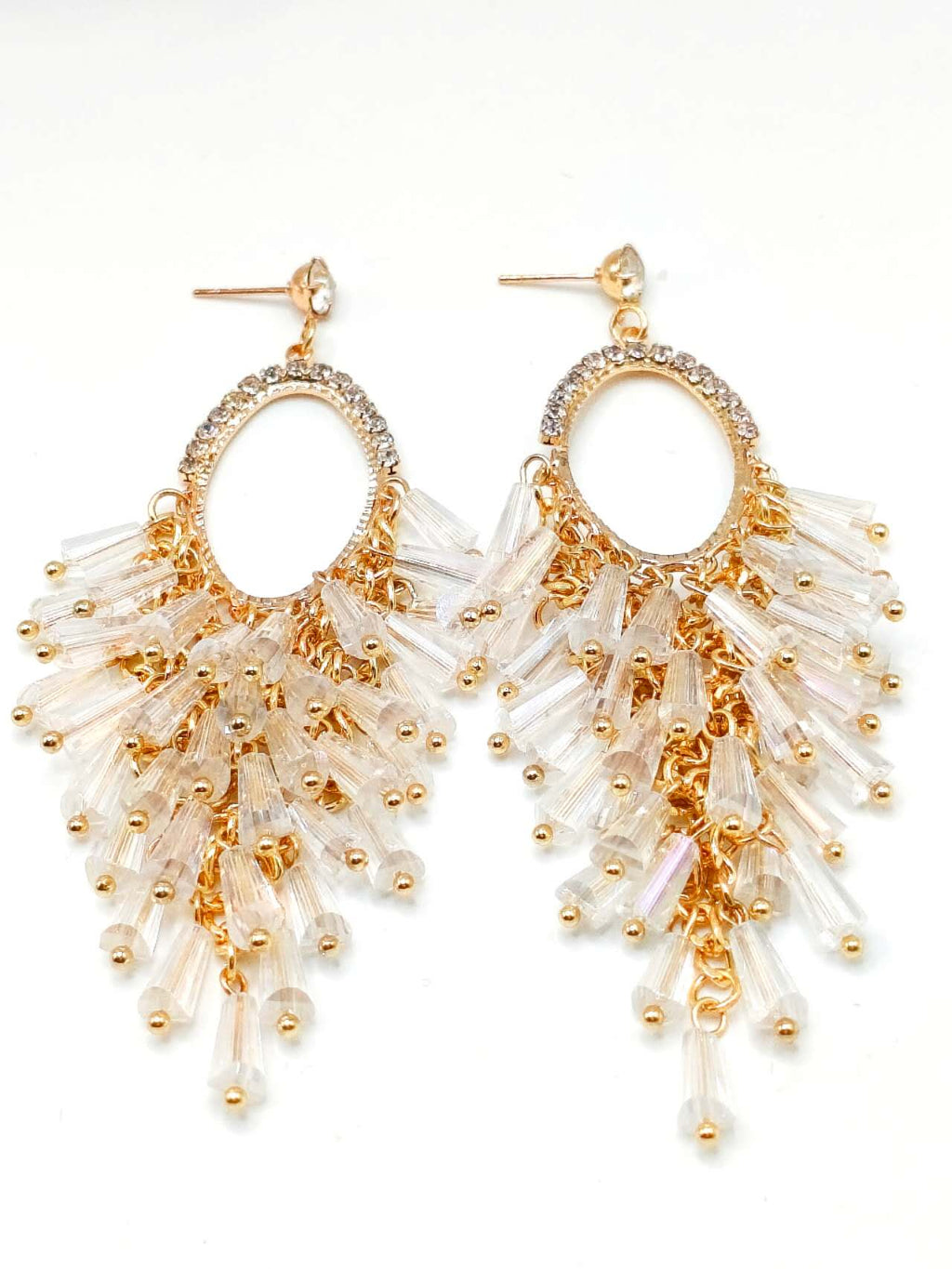 Oval Rhinestone Frame Clear Crystal Tassel Dangle Earrings, Gold Plated Long Waterfall Chandelier Earrings Hypoallergenic Women Wedding Banquet Jewelry