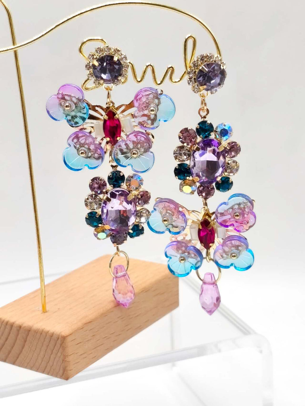 Gradient Blue Purple Butterfly Cubic Zircon Dangle Earrings, Colorful Acrylic Flower Crystal Long Tassel Drop Earrings Gold Plated Hypoallergenic Women Wedding Beach Jewelry