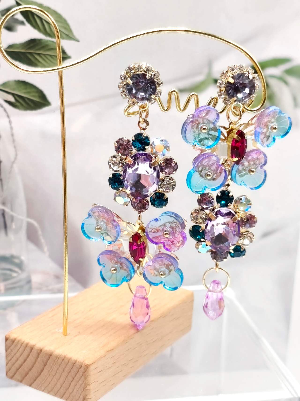 Gradient Blue Purple Butterfly Cubic Zircon Dangle Earrings, Colorful Acrylic Flower Crystal Long Tassel Drop Earrings Gold Plated Hypoallergenic Women Wedding Beach Jewelry