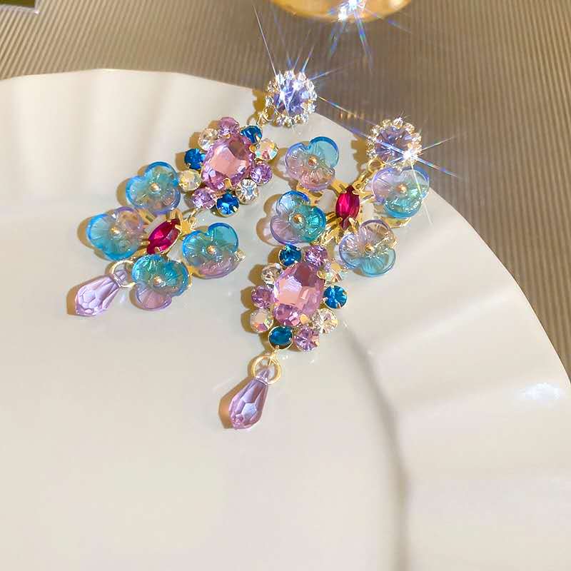 Gradient Blue Purple Butterfly Cubic Zircon Dangle Earrings, Colorful Acrylic Flower Crystal Long Tassel Drop Earrings Gold Plated Hypoallergenic Women Wedding Beach Jewelry