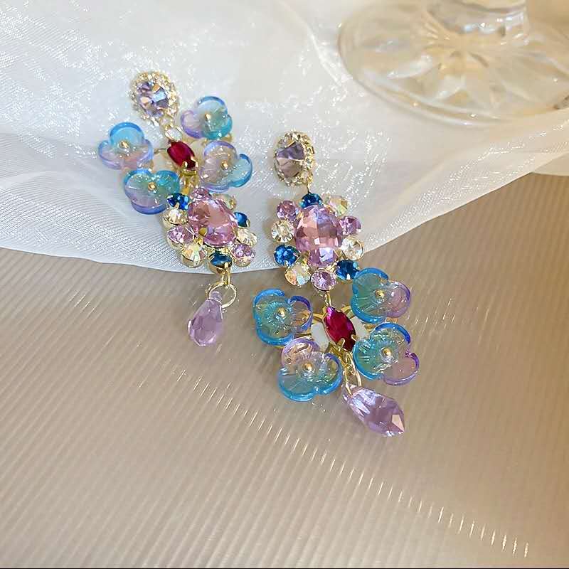 Gradient Blue Purple Butterfly Cubic Zircon Dangle Earrings, Colorful Acrylic Flower Crystal Long Tassel Drop Earrings Gold Plated Hypoallergenic Women Wedding Beach Jewelry