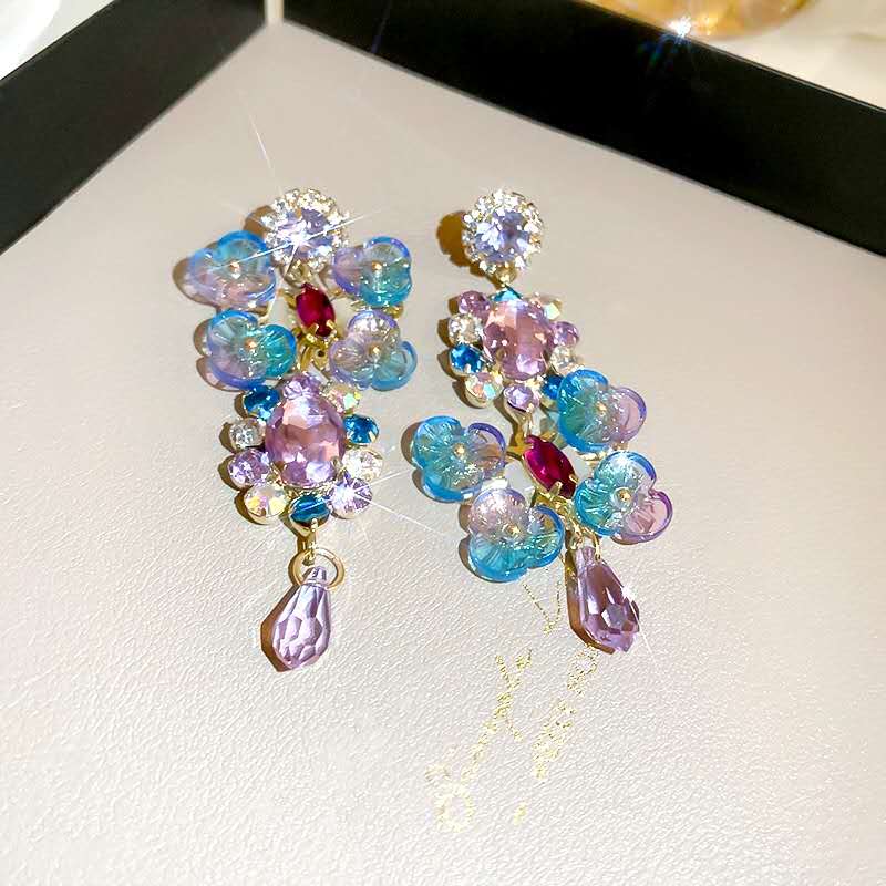 Gradient Blue Purple Butterfly Cubic Zircon Dangle Earrings, Colorful Acrylic Flower Crystal Long Tassel Drop Earrings Gold Plated Hypoallergenic Women Wedding Beach Jewelry