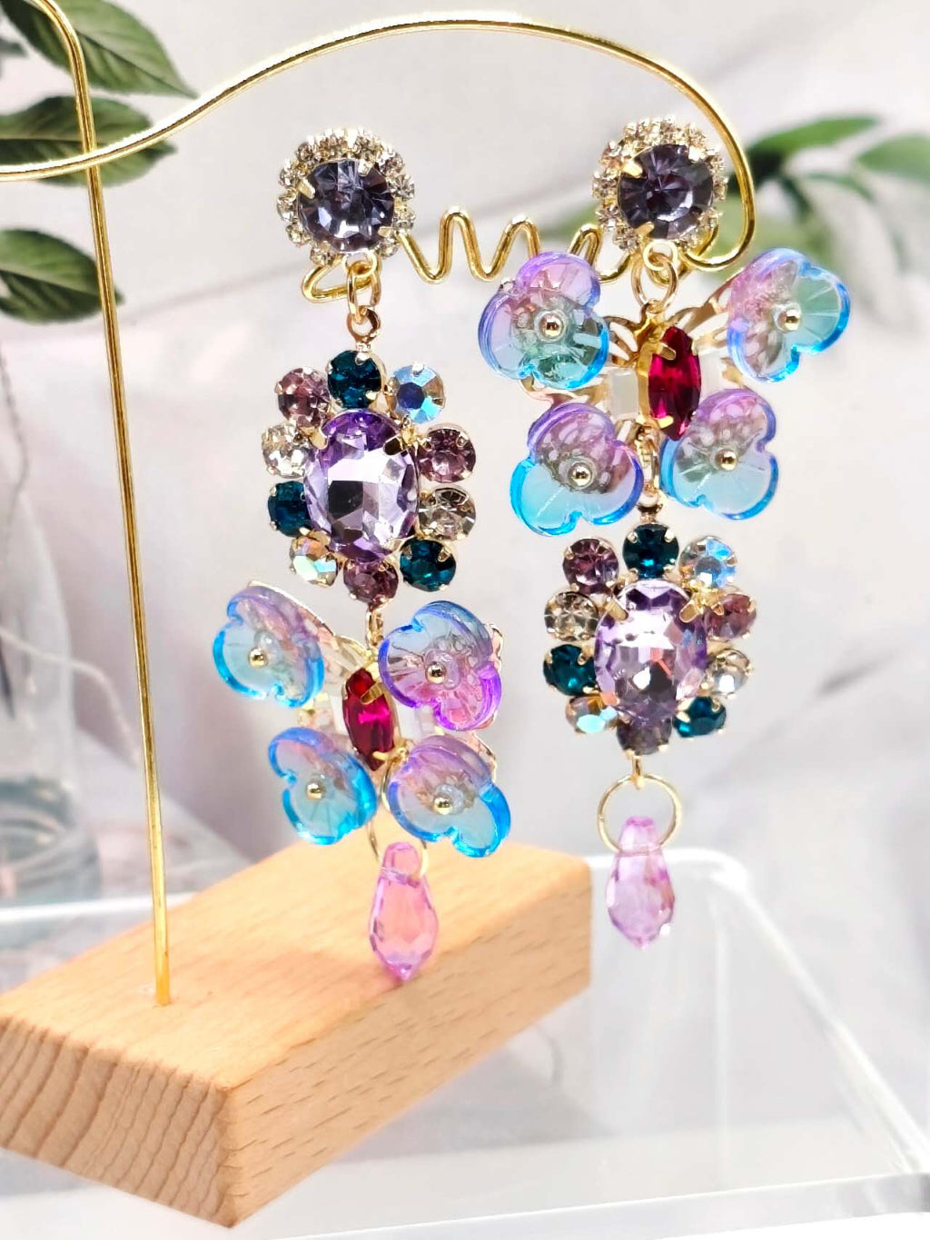 Gradient Blue Purple Butterfly Cubic Zircon Dangle Earrings, Colorful Acrylic Flower Crystal Long Tassel Drop Earrings Gold Plated Hypoallergenic Women Wedding Beach Jewelry