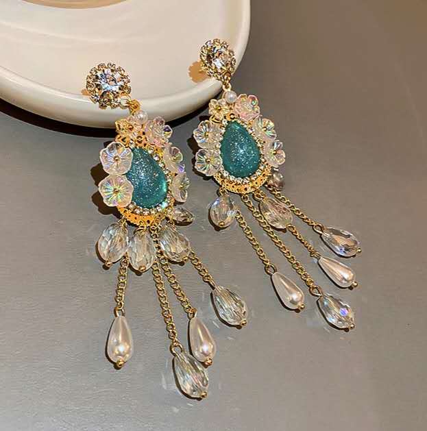 Elegant Multilayer Chain Tassel Earrings Sparkly Crystal Flower Turquoise Stone Silver Stud Women Gift