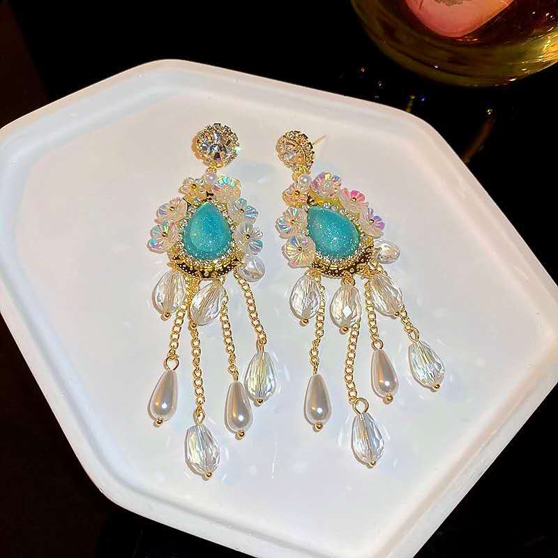 Elegant Multilayer Chain Tassel Earrings Sparkly Crystal Flower Turquoise Stone Silver Stud Women Gift