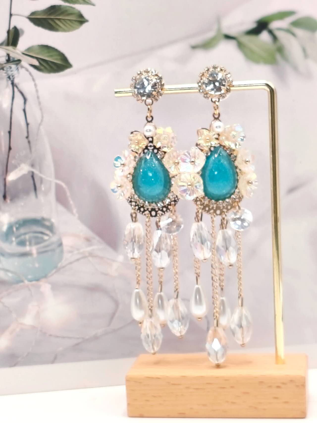 Elegant Multilayer Chain Tassel Earrings Sparkly Crystal Flower Turquoise Stone Silver Stud Women Gift
