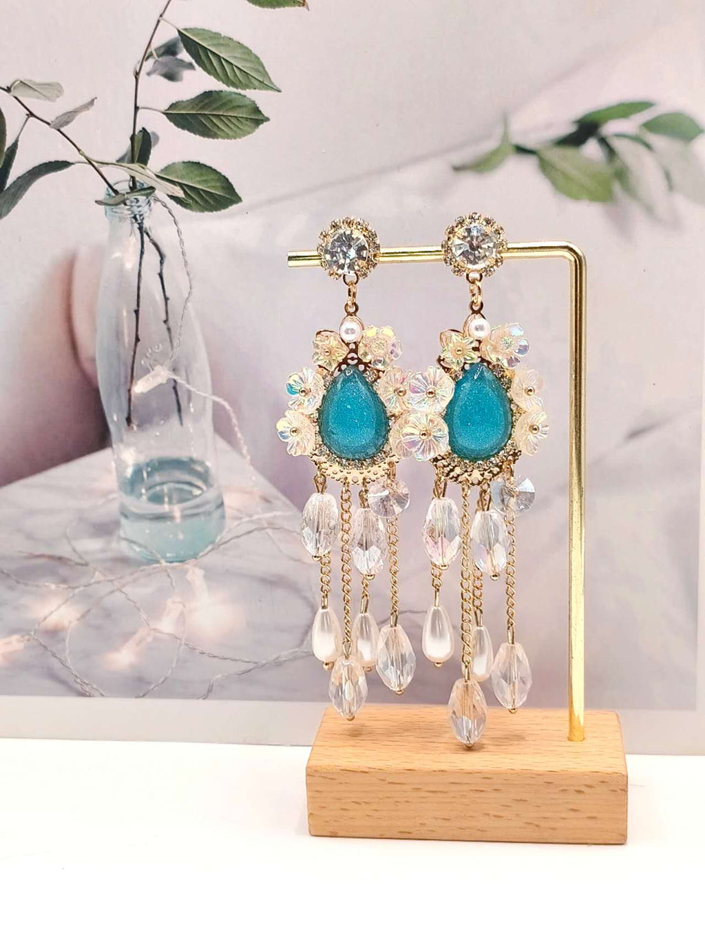 Elegant Multilayer Chain Tassel Earrings Sparkly Crystal Flower Turquoise Stone Silver Stud Women Gift