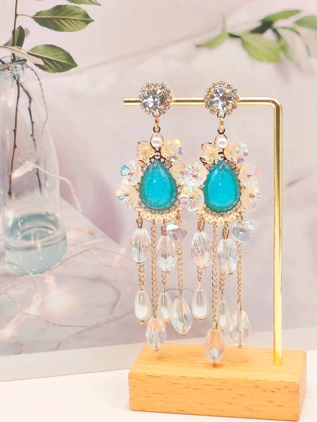 Elegant Multilayer Chain Tassel Earrings Sparkly Crystal Flower Turquoise Stone Silver Stud Women Gift