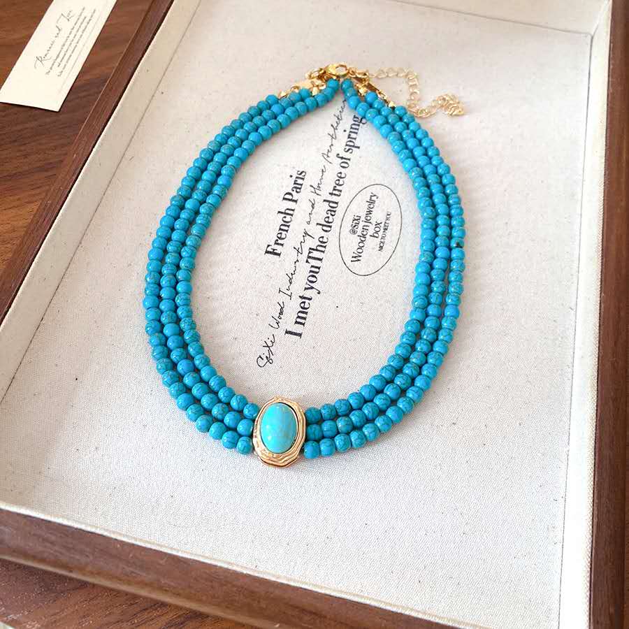 Set of 2 Vintage-Style Multi-Strand Natural Turquoise Stone Bead Sets with earrings and necklace only
