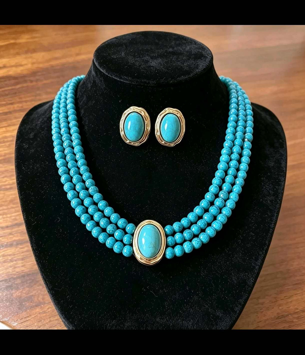 Set of 2 Vintage-Style Multi-Strand Natural Turquoise Stone Bead Sets with earrings and necklace only