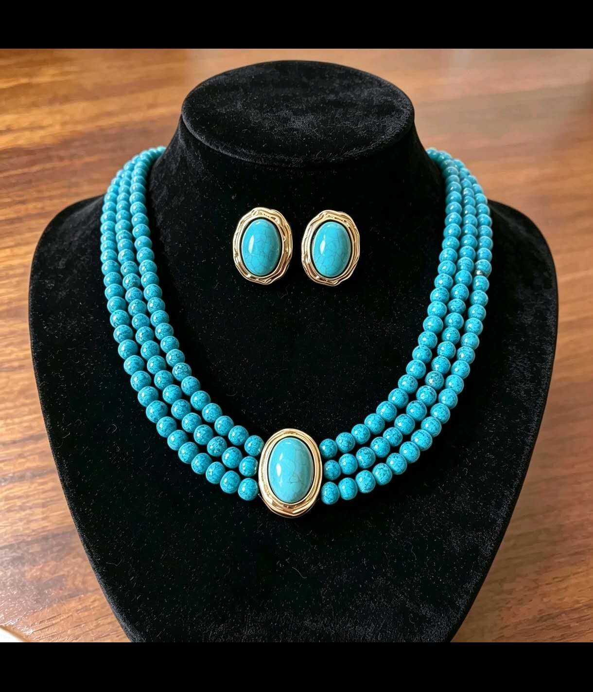 Set of 2 Vintage-Style Multi-Strand Natural Turquoise Stone Bead Sets with earrings and necklace only