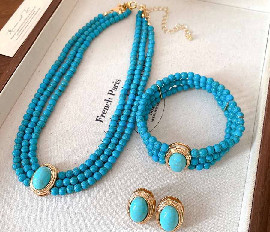 Set of 2 Vintage-Style Multi-Strand Natural Turquoise Stone Bead Sets with earrings and necklace only