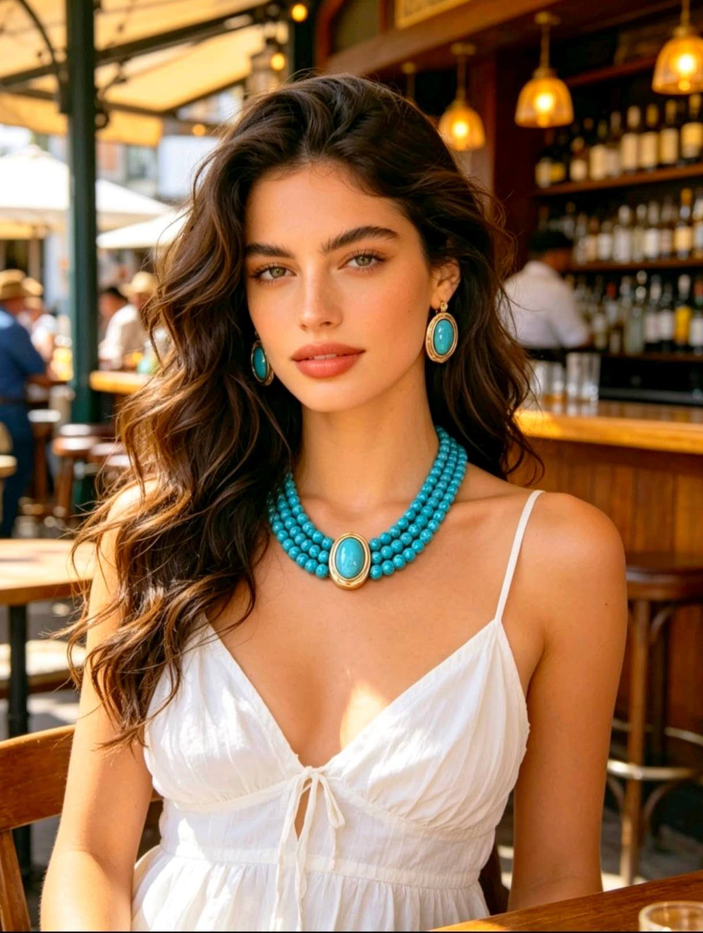 Set of 2 Vintage-Style Multi-Strand Natural Turquoise Stone Bead Sets with earrings and necklace only