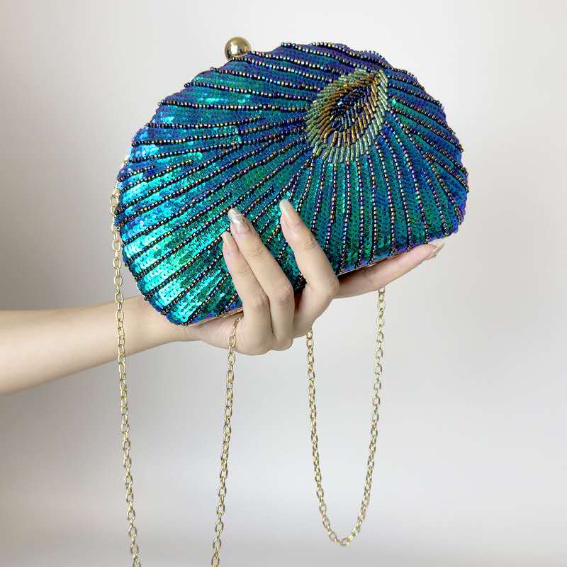 Peacock Feather Seashell Sequin Clutch Bag Gold Chain Crossbody Evening Handbag Wedding Party Purse