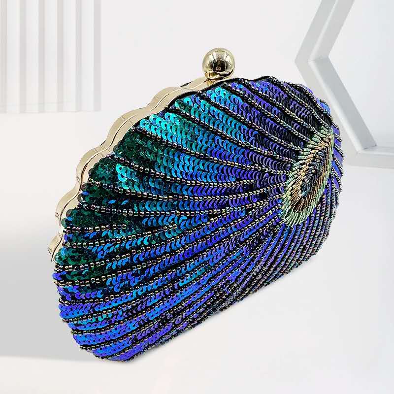 Peacock Feather Seashell Sequin Clutch Bag Gold Chain Crossbody Evening Handbag Wedding Party Purse