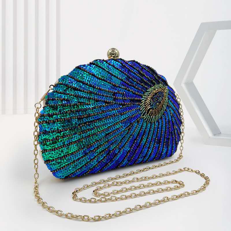 Peacock Feather Seashell Sequin Clutch Bag Gold Chain Crossbody Evening Handbag Wedding Party Purse
