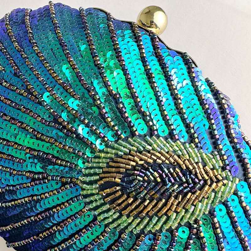 Peacock Feather Seashell Sequin Clutch Bag Gold Chain Crossbody Evening Handbag Wedding Party Purse