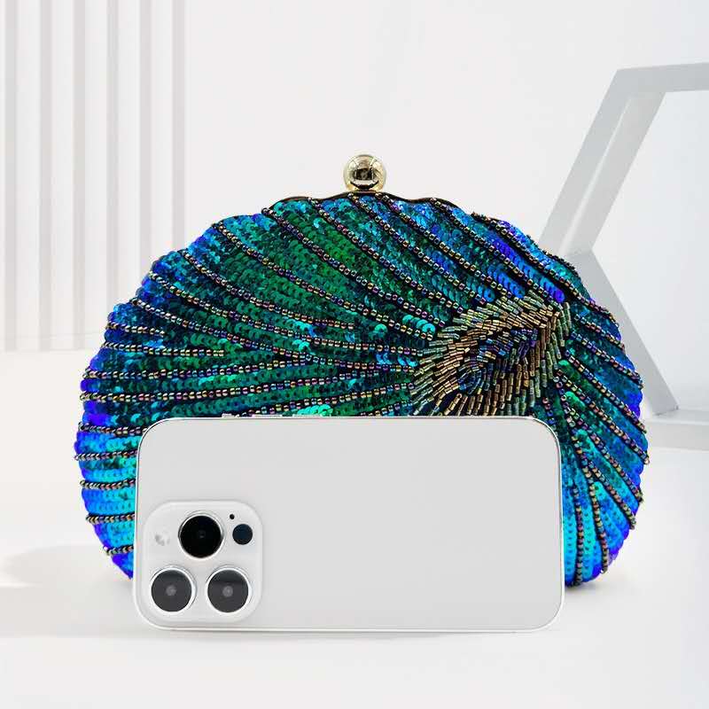 Peacock Feather Seashell Sequin Clutch Bag Gold Chain Crossbody Evening Handbag Wedding Party Purse