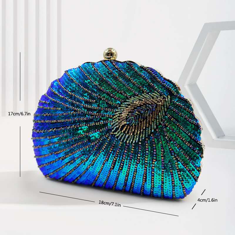 Peacock Feather Seashell Sequin Clutch Bag Gold Chain Crossbody Evening Handbag Wedding Party Purse