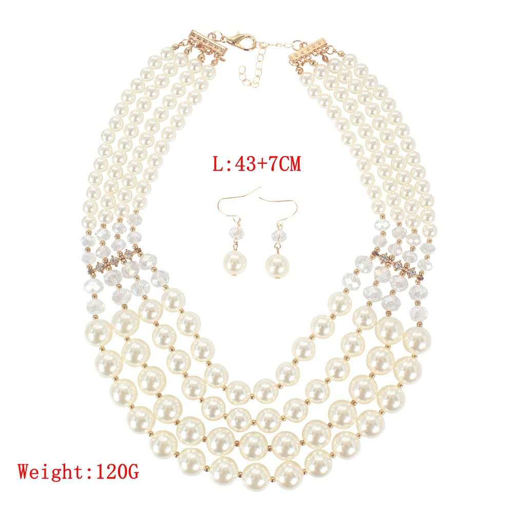 Vintage Multi Layer Graduated Pearl Necklace Earring Set Clear Crystal Bridal Wedding Jewelry Set