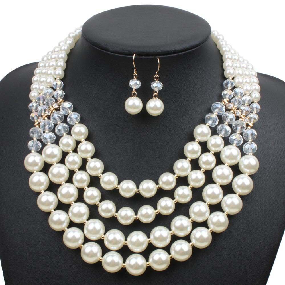 Vintage Multi Layer Graduated Pearl Necklace Earring Set Clear Crystal Bridal Wedding Jewelry Set