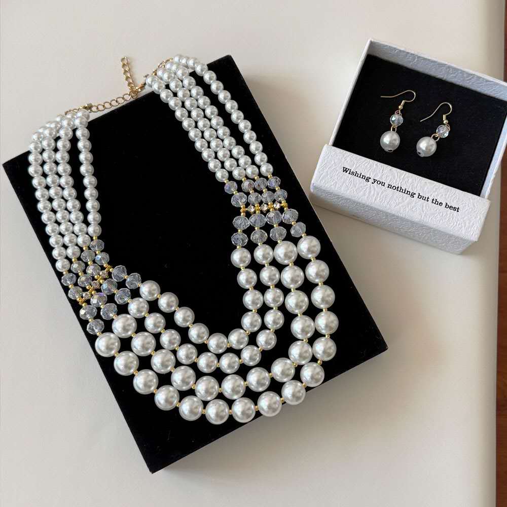 Vintage Multi Layer Graduated Pearl Necklace Earring Set Clear Crystal Bridal Wedding Jewelry Set