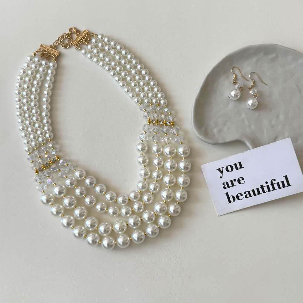Vintage Multi Layer Graduated Pearl Necklace Earring Set Clear Crystal Bridal Wedding Jewelry Set