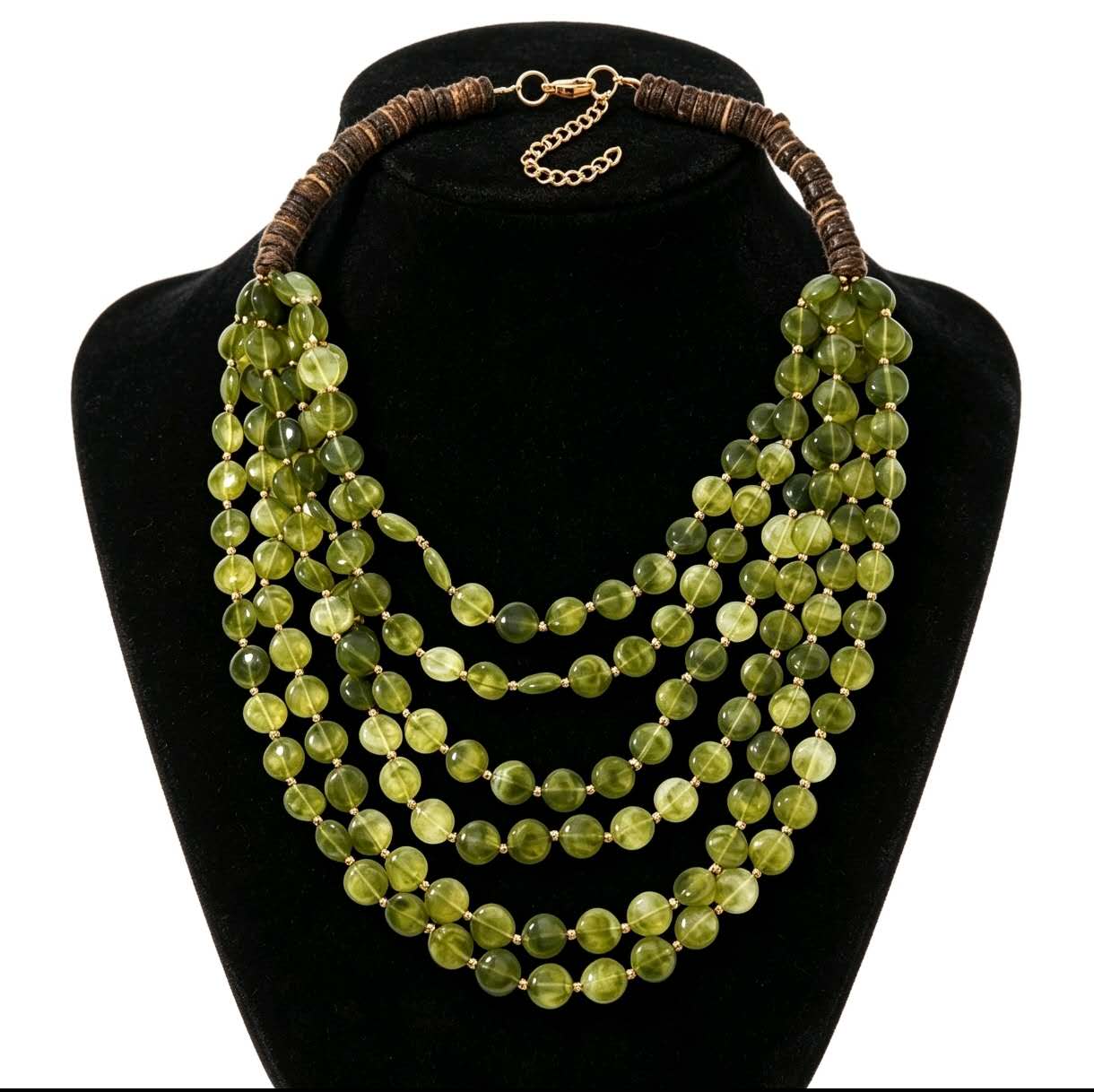 Boho Multi Layer Flat Resin Bead Bib Necklace Wooden Bead Clasp Adjustable Chain Summer Beach Jewelry