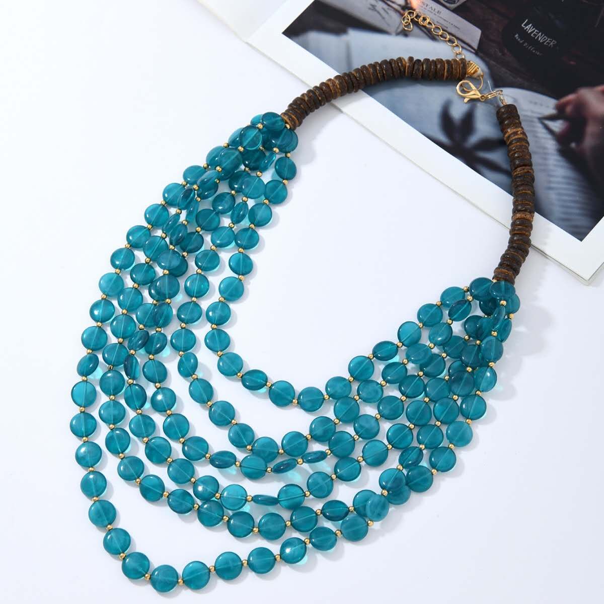 Boho Multi Layer Flat Resin Bead Bib Necklace Wooden Bead Clasp Adjustable Chain Summer Beach Jewelry