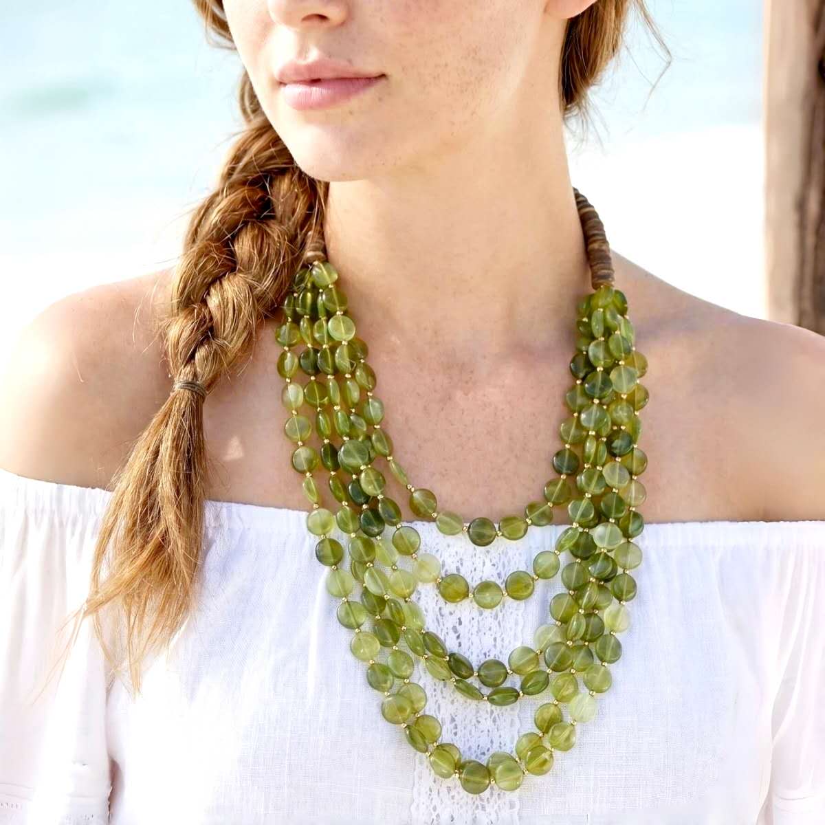 Boho Multi Layer Flat Resin Bead Bib Necklace Wooden Bead Clasp Adjustable Chain Summer Beach Jewelry