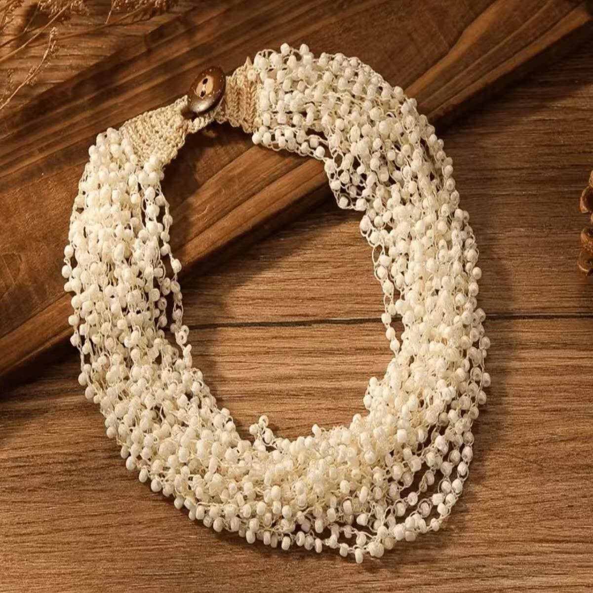 Boho Multi Strand Tiny Seed Bead Bib Necklace Hand Woven Fabric Button Clasp Women Vacation Jewelry