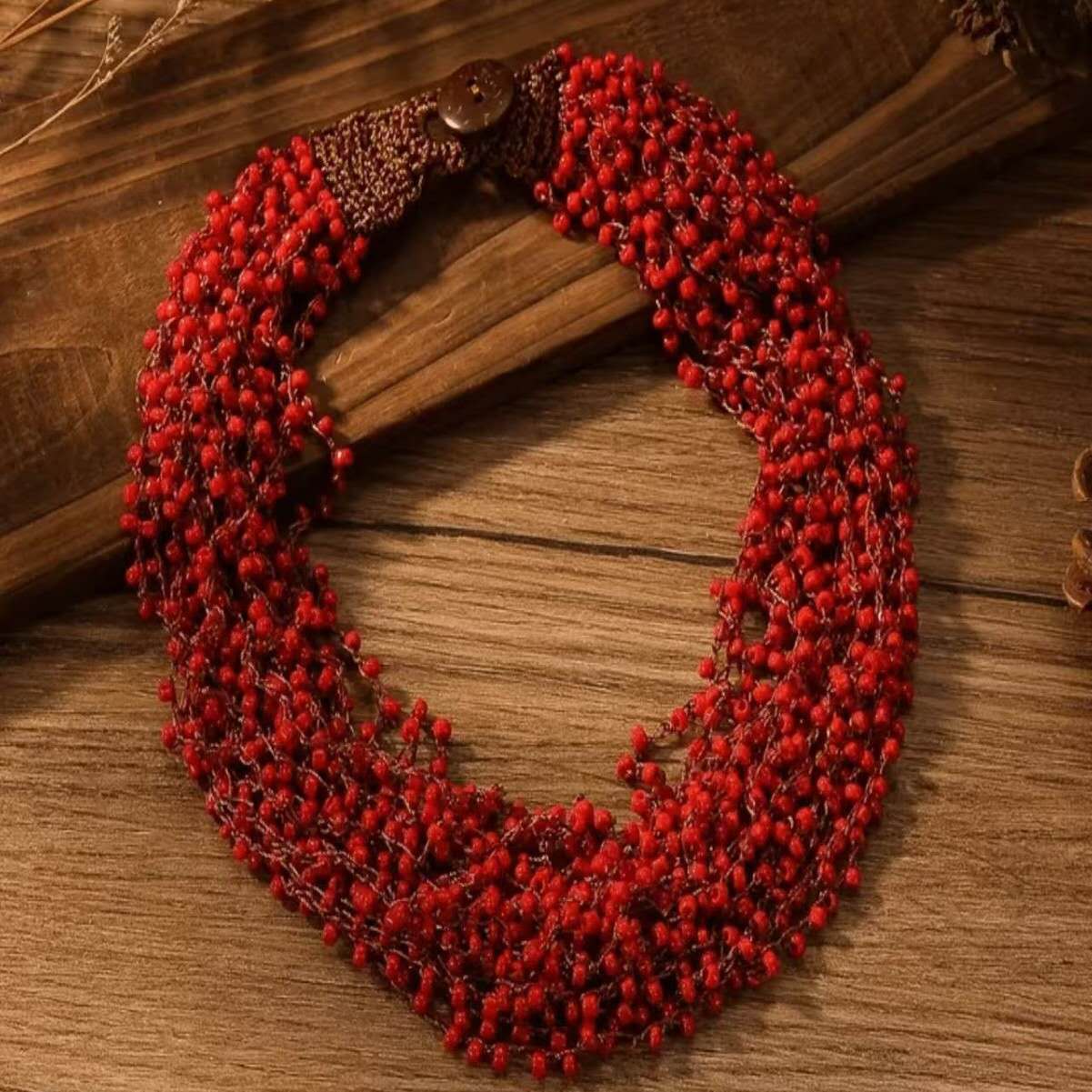 Boho Multi Strand Tiny Seed Bead Bib Necklace Hand Woven Fabric Button Clasp Women Vacation Jewelry