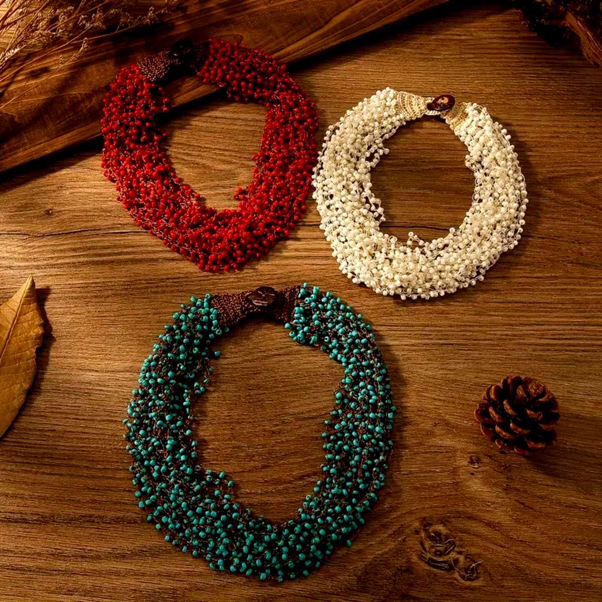 Boho Multi Strand Tiny Seed Bead Bib Necklace Hand Woven Fabric Button Clasp Women Vacation Jewelry