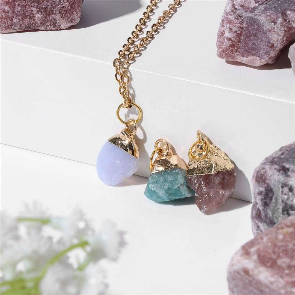 Raw Crystal Stone Pendant Necklace 3 Sets Friendship Empath Good Fortune Healing Natural Gemstone Gold Chain Jewelry