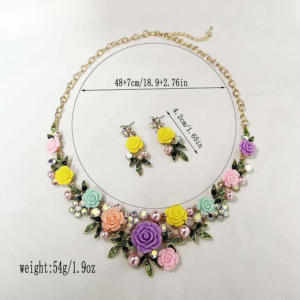 Vintage Colorful Resin Rose Flower Necklace Earrings Jewelry Set, Multicolor Floral Pearl Crystal Statement Collar Choker for Wedding Party Women Gift