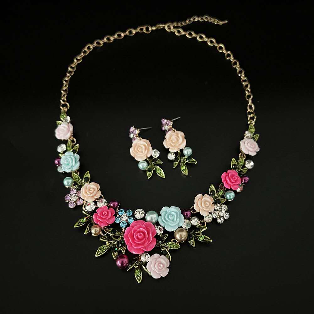 Vintage Colorful Resin Rose Flower Necklace Earrings Jewelry Set, Multicolor Floral Pearl Crystal Statement Collar Choker for Wedding Party Women Gift