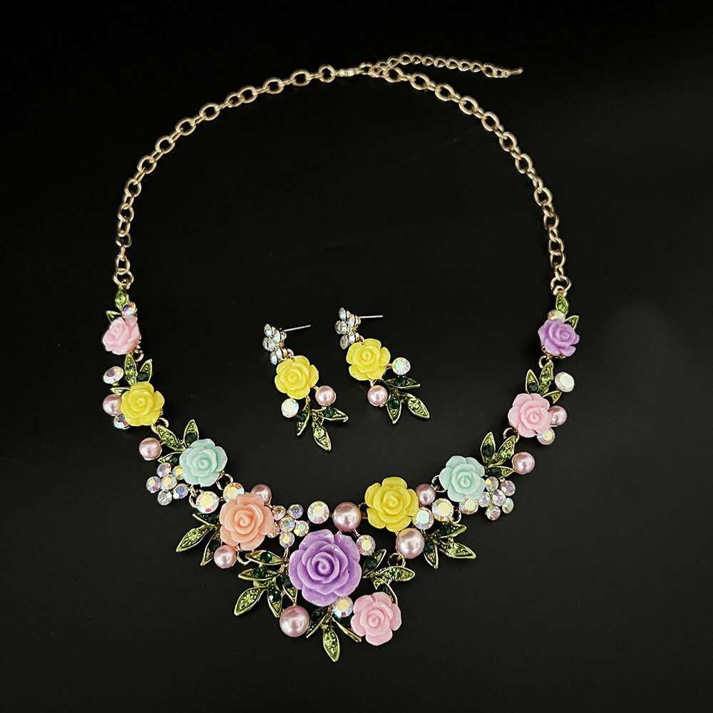 Vintage Colorful Resin Rose Flower Necklace Earrings Jewelry Set, Multicolor Floral Pearl Crystal Statement Collar Choker for Wedding Party Women Gift
