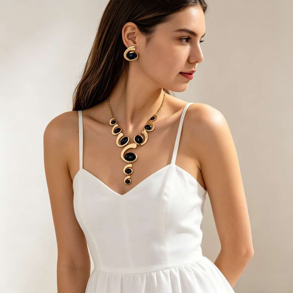 Modern Geometric Black & White Resin  Jewelry Set Gold Plated Curve Necklace Matching Stud Earrings Women Party Accessory