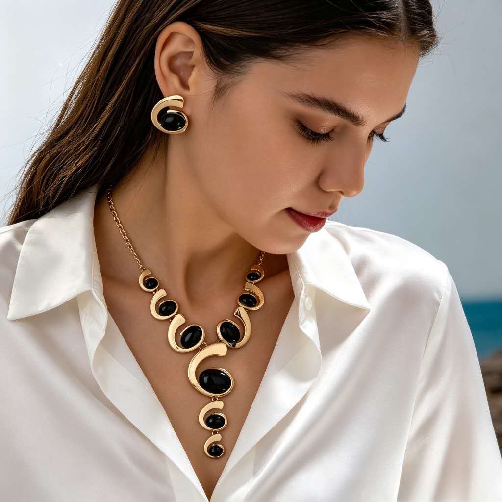 Modern Geometric Black & White Resin  Jewelry Set Gold Plated Curve Necklace Matching Stud Earrings Women Party Accessory