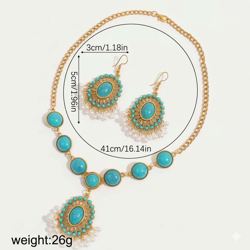 Bohemian Natural Turquoise Pearl Tassel Jewelry Set 2PCS Gold Plated Necklace Drop Earrings Women Ethnic Beach Gift