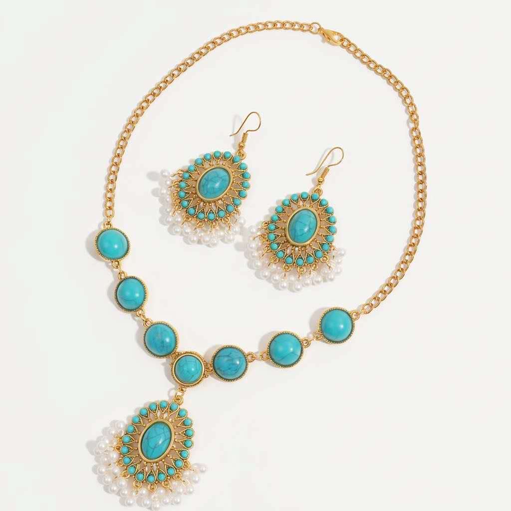 Bohemian Natural Turquoise Pearl Tassel Jewelry Set 2PCS Gold Plated Necklace Drop Earrings Women Ethnic Beach Gift