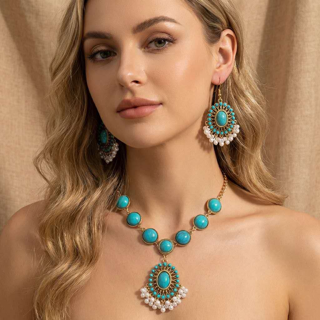 Bohemian Natural Turquoise Pearl Tassel Jewelry Set 2PCS Gold Plated Necklace Drop Earrings Women Ethnic Beach Gift