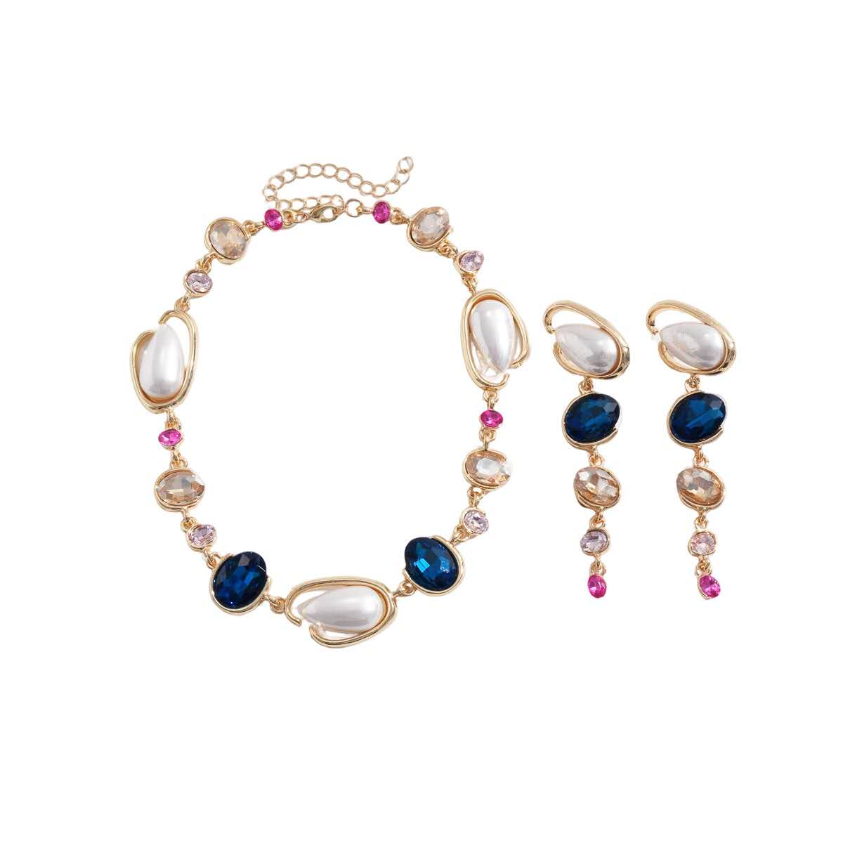 Set with irregular pearls, blue crystals and zirconia 2 PCS