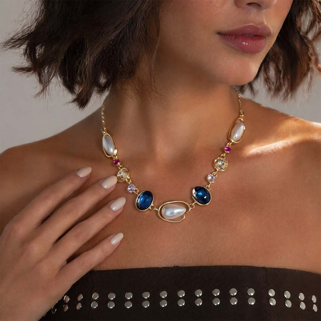 Set with irregular pearls, blue crystals and zirconia 2 PCS