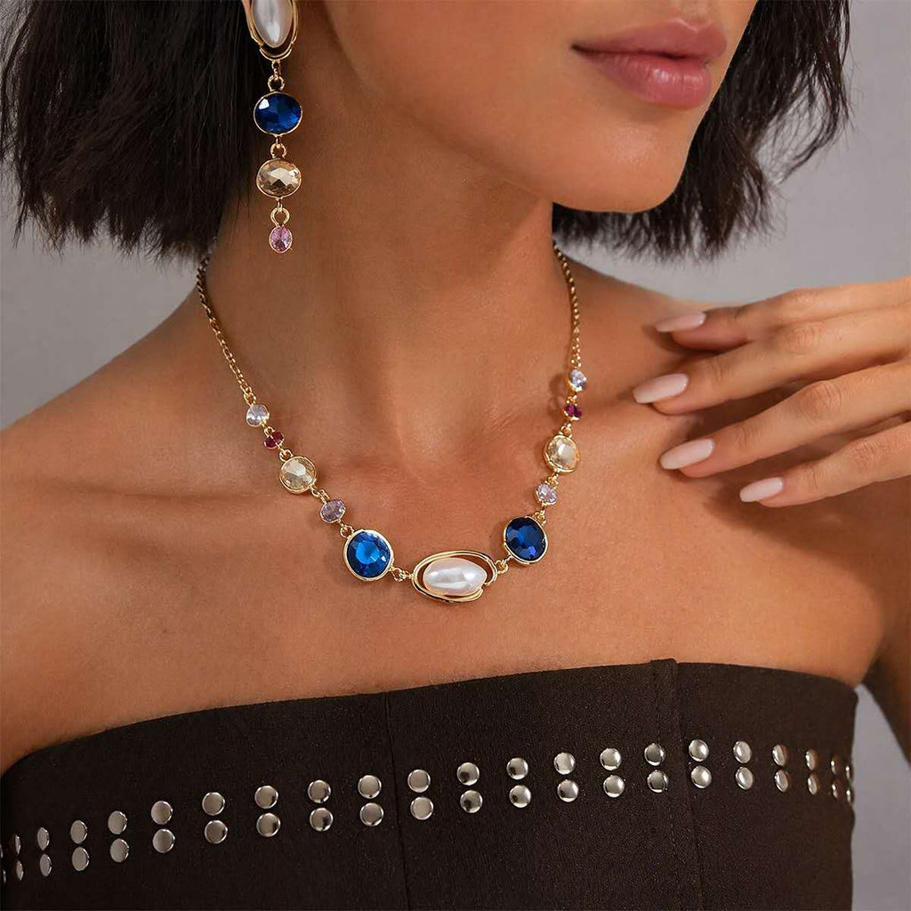 Set with irregular pearls, blue crystals and zirconia 2 PCS