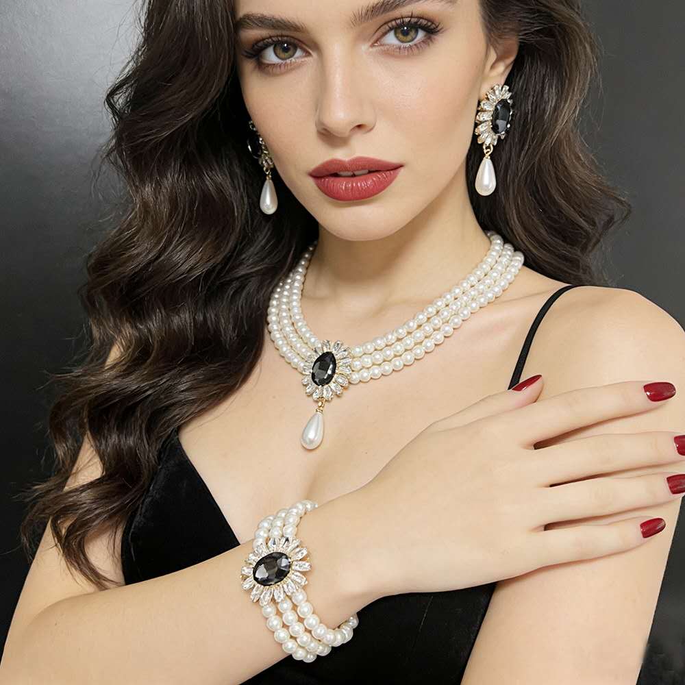 Pearl & Zircon Jewelry Set 2 PCS-Necklace & earrings