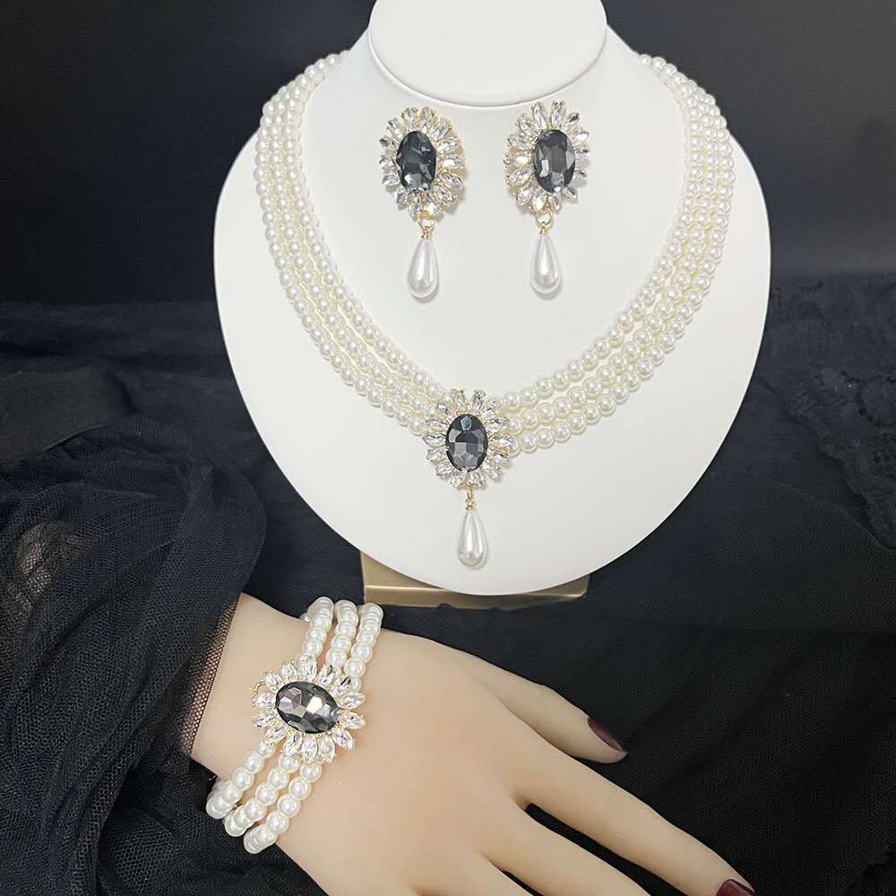 Pearl & Zircon Jewelry Set 2 PCS-Necklace & earrings