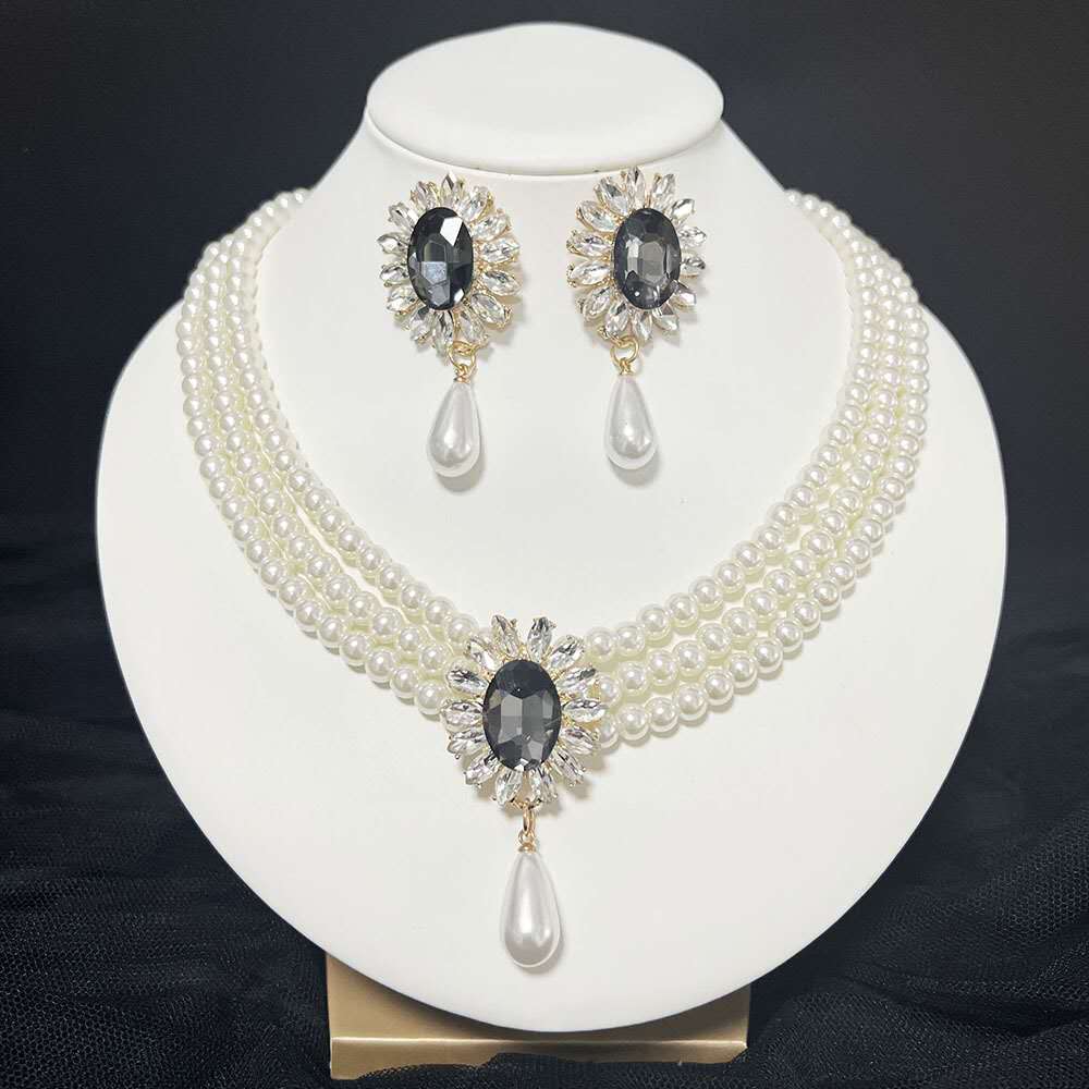 Pearl & Zircon Jewelry Set 2 PCS-Necklace & earrings