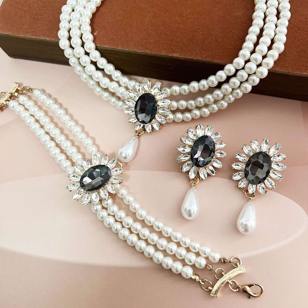 Pearl & Zircon Jewelry Set 2 PCS-Necklace & earrings