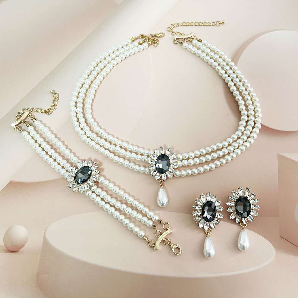 Pearl & Zircon Jewelry Set 2 PCS-Necklace & earrings